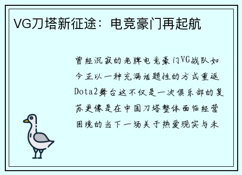 VG刀塔新征途：电竞豪门再起航